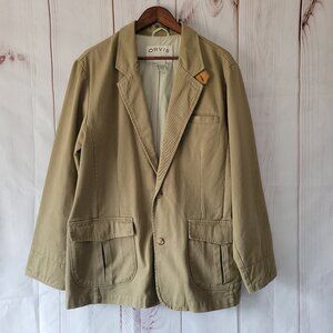 Orvis Blazer Men 40R 100% Cotton Tan Leather Style Cuff Trim Sporting Jacket